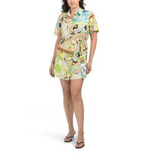 LA RAGAZZE Multi Made In Italy Linen Blend Short Sleeve Belted Mini Dress